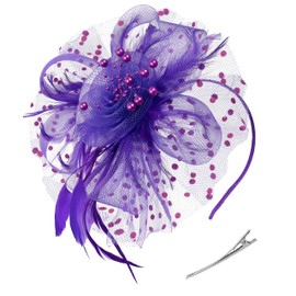 Fascinators Hat for Women Tea Party Headband Kentucky Derby Wedding Cocktail Flower Mesh Feathers Hair Clip (1-Purple)