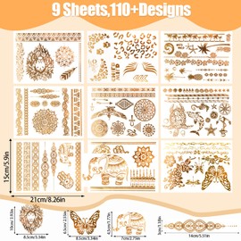 9 Sheets of Festival Tattoos Gold, Metallic Flash Tattoos Women, Waterproof Temporary Tattoo Gold for Sticking, Face Tattoo for Festival and Party Supplies