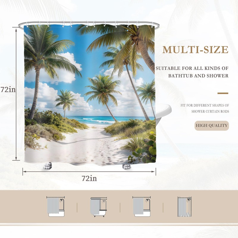 Glawry Beach Shower Curtain 72Wx72L Inches, Tropical Summer Seaside Bathroom