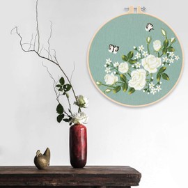 MWOOT DIY Embroidery Starter Kit, Full Range of Cross Stitch Embroidery Stamped Kit for Adults Beginner (White Rose 1)