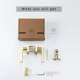 Linkaa Gold Lever Door Handles Interior Satin Brass, Zinc Alloy Keyless Door Handles for Bedroom Bathroom Hallway, Modern Square Passage Levers with Latch (Gold，Passage，No Lock，1 Pack)
