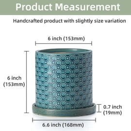 Chubacoo 6 Inch Plant Pot: Ceramic Planter with Drainage Hole & Saucer Indoor Outdoor Plants - Cylinder Round Flower Pot for Home Office - Modern Decorative - Small Blue