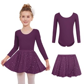 Zaclotre Ballet Leotards for Girls Long Sleeve Shiny 2 Layers Flowy Dance Dress with Bow Ballet Outfits Dark Purple