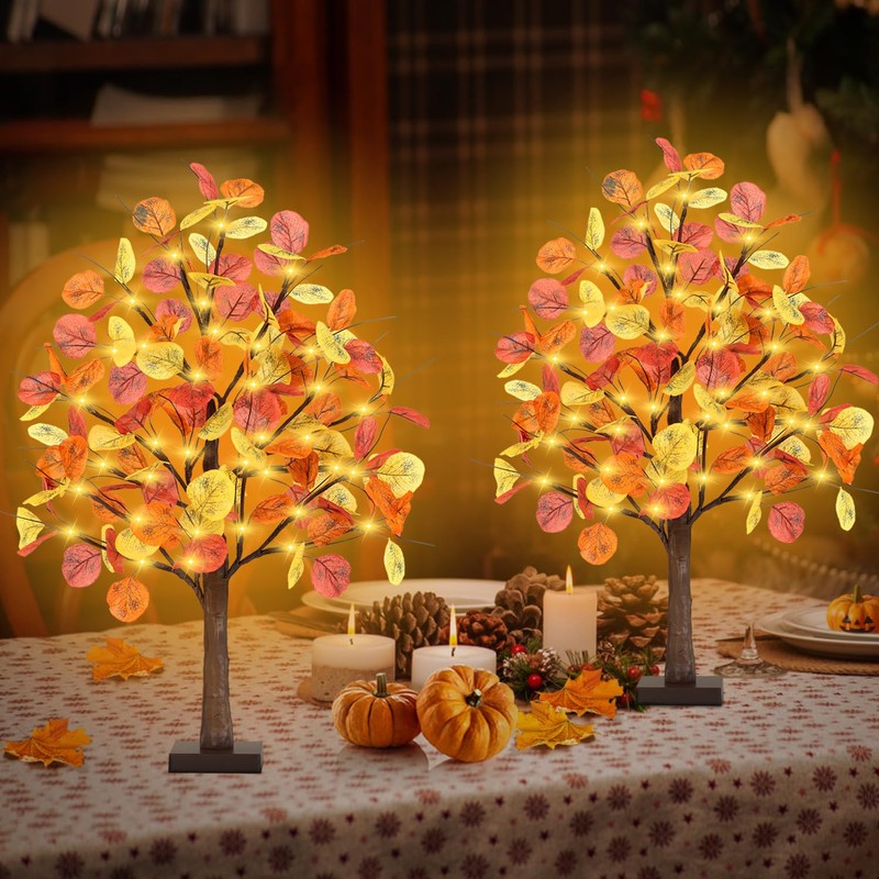 2FT Fall Lighted Eucalyptus Tree, 24 Inch Light Up Tabletop