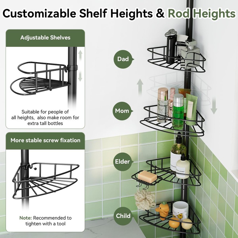 Binecer Corner Shower Caddy Tension Pole-4 Tier Adjustable Bathroom Shower