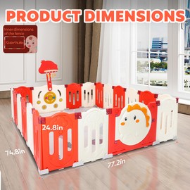 Baby Playpen with Cartoon Dinosaur, Foldable Playpen with 18 Panels, Safety Play Yard with Crawling Mat and Basketball Stand, Baby Playpen for Kids and Toddlers, Pink+White