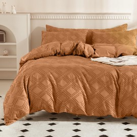 JELLYMONI Duvet Cover Queen, Rust Microfiber Tufted Duvet Cover Set, Boho Textured Duvet Cover Jacquard Rhombus Geometric Pattern Duvet Cover with Corner Ties & Zipper Closure