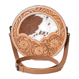 Merbaa Western Canteen Round Bag Handtooled Cowhide Leather Messenger Bag - Vintage Crossbody Shoulder Bag - Hobo Crossbody Bag, Women Shoulder Bag Traveling Workout-Hobo Trendy Design Shoulder Purse