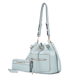 MKF Collection Crossbody Bucket Bag for Women, Drawstring Hobo Shoulder Bags Fashion Handbag Purse with Wristlet Wallet Light Blue by Mia k
