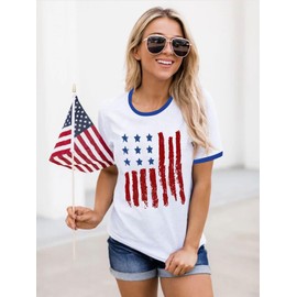 YZMI 4th of July Shirts for Women Vintage American Flag Stars Stripes Graphic Short Sleeve Ringer Tee Independence Day Outfit E-White L