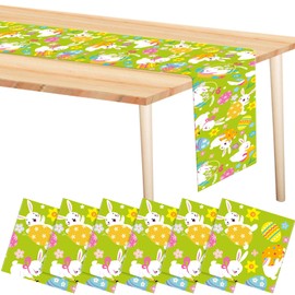 VitalCozy 6 Pcs Easter Table Runner 14 x 108 Inch Colorful Easter Eggs Bunny Disposable Plastic Table Runner for Kitchen Decorations Home Spring Birthday Party Supplies (Cute Bunny)