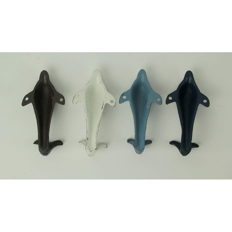 Zeckos Set of 4 Colorful Coastal Cast Iron Dolphin Decorative