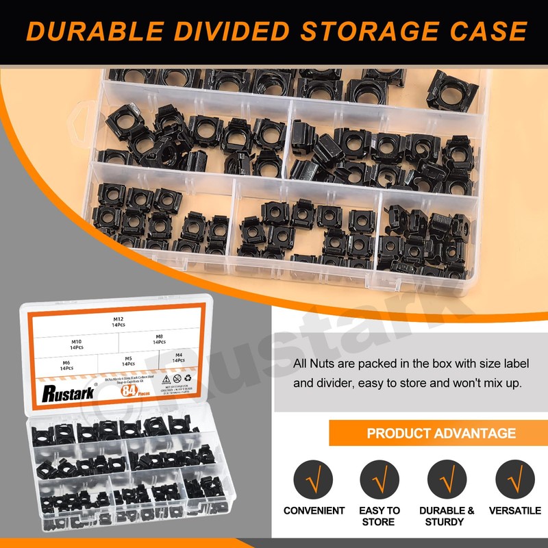 Rustark 84Pcs 6 Sizes Black Carbon Steel Cage Nut Metric