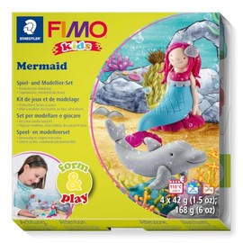 Staedtler 8034 12 LY Fimo Kids Shape & Play Set Mermaid (Super Soft, Oven Hardening Clay, Easy Instructions, Resealable Box, Set of 4 Fimo Blocks, 1 Modelling Stick and 1 Play Backdrop)