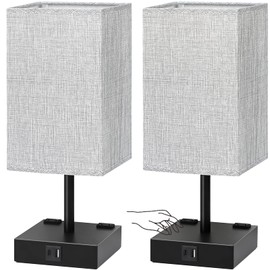 Bedside Table Lamps Set of 2 - Touch Nightstand Lamp for Bedroom with USB C+A Charging Ports & AC Outlets, 3-Way Dimmable Desk Lamp Grey Fabric Shade for Bedroom Living Room, Office(Bulb Included)