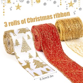 3 Rolls Christmas Mesh Ribbon, 2.5 Inch x 15 Yards Glitter Christmas Ribbon Metallic Mesh Ribbon for Christmas Tree Wreath DIY Crafts (Red, Golden, White)