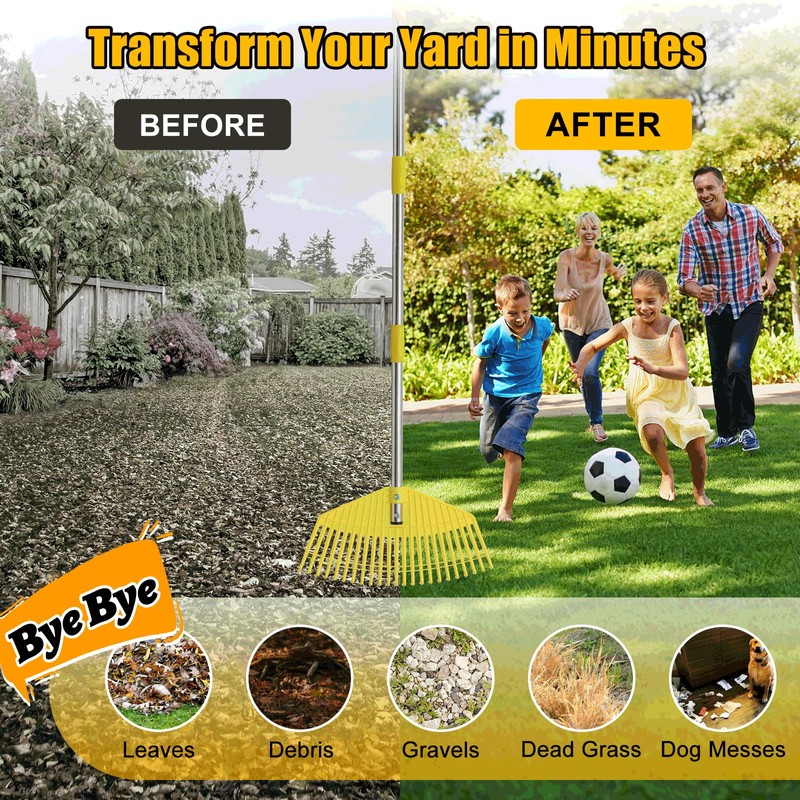 Leaf Rake,Unbreakable Nylon Graden Rake for Lawn,16.5” Wide,45” Long Handle,Yard