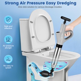 Toilet Plunger, High Pressure Toilet Unblocker, Heavy Duty Drain Unblocker Kit with A Holder and 4 Replaceable Heads for Unblocking Toilets, Sink, Shower, Bathtub, Floor, Drain And Pipe Clog (Grey)