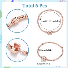 SUNNYCLUE 1 Box 6Pcs Rose Gold Charm Bracelets Chains Metal Bangle Making Bulk European Brass Bendable Extender Adjustable String Large Hole Beads Chains for jewellery Making Necklace Bracelet Finding