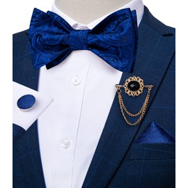 DiBanGu - Juego de gemelos cuadrados de corbata de lazo floral con alfiler de solapa, diseño formal, tela, pajarita, bolsillo, Azul Real, Talla única