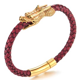 COOLSTEELANDBEYOND Stainless Steel Gold Dragon Head Braided Red Leather Bangle Bracelet Wristband, Mens(CA)