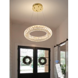 IDEQUY Modern Crystal Chandelier Dimmable LED 15.7" Gold Ring Pendant Light Adjustable Round Crystal Chandelier Light Fixtures for Dining Room Living Room