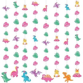 8 Pieces Girls Dinosaur Party Decorations Pink Dinosaur Garlands Watercolor Dino Paper Cutouts Hanging Banner Decor for Girls Birthday Theme Baby Shower Wedding Party Supplies