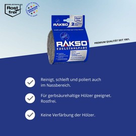 RAKSO Stainless Steel Pads Extra Fine, 2 Pads, Stainless Steel Wool, Surface Treatment in Wet Areas, Cleans, Grinds, Polishes