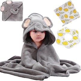 VOSHOME Toalla de Baño para Bebe, Toalla de Baño con Capucha para Bebe Super Absorbente, Toalla para Niños, con Toalla Pequeña y Baberos para Bebé, para ninos 0 Mes - 3 Años (1, Gris)