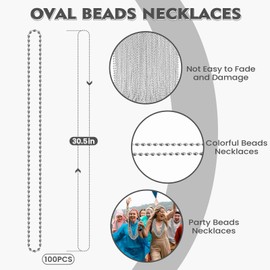 100 PCS Silver Mardi Gras Beads, 30.5" Silver Oval Christmas Beads Necklaces, Metallic Patriotic Beads Necklaces, Parade Throws Accessories for Christmas Independence Day Wedding Birthday Party