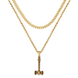 OIDEA Men's Viking Thor's Hammer Necklace: 2 Double Chains Curb Chain & Cord Chain with Axe Hammer Pendant Nordic Viking Jewellery Gift for Men Friend Father, Stainless Steel Gold