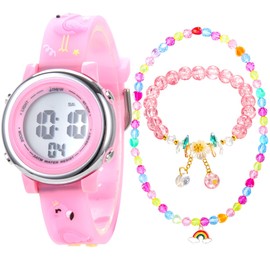 【ペコチャイム】子供 デジタル 腕時計 6歳 以上 女の子 7色LED 防水 ストップウォッチ アラーム ジュエリーセット ネックレス ブレスレット シール ギフトBOX フラミンゴ ピンク