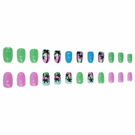 MISUD Press on Nails Short Oval Fake Nails Glossy Glue on Nails Summer Beach Acrylic Nail Supplies Round Artificial Nails Coconut Tree Stick on False Nails Art with Design DIY 24 pcs