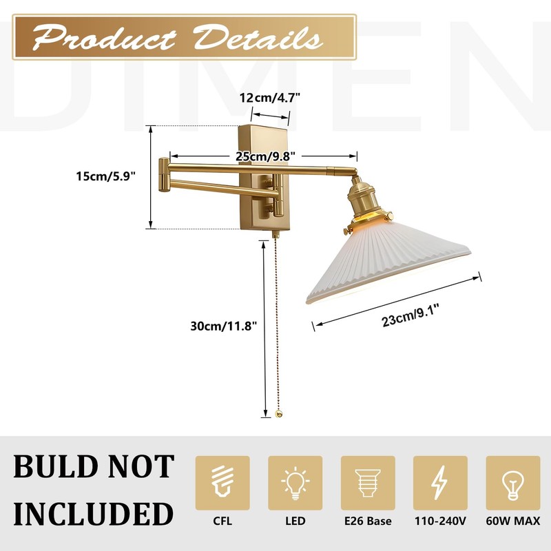 Magiroz Vintage Milk Glass Wall Sconce Modern Rushed Brass Swing