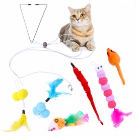 Taicols 6 Pcs Hanging Door Cat Toys Kitten Teaser Feather, Toys, Retractable Exercise Toy Rope, Hanging Toysfor Indoor Cats, Interactive Cat huntingToys for Kitten Play Chase Practice