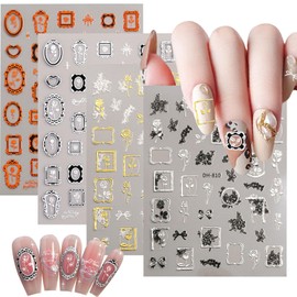 4 Sheets Vintage Nail Stickers for Women, 5D Embossed Frame Nail Decals for Designe Nail Art Supplies Manicure Decoration Accessories
