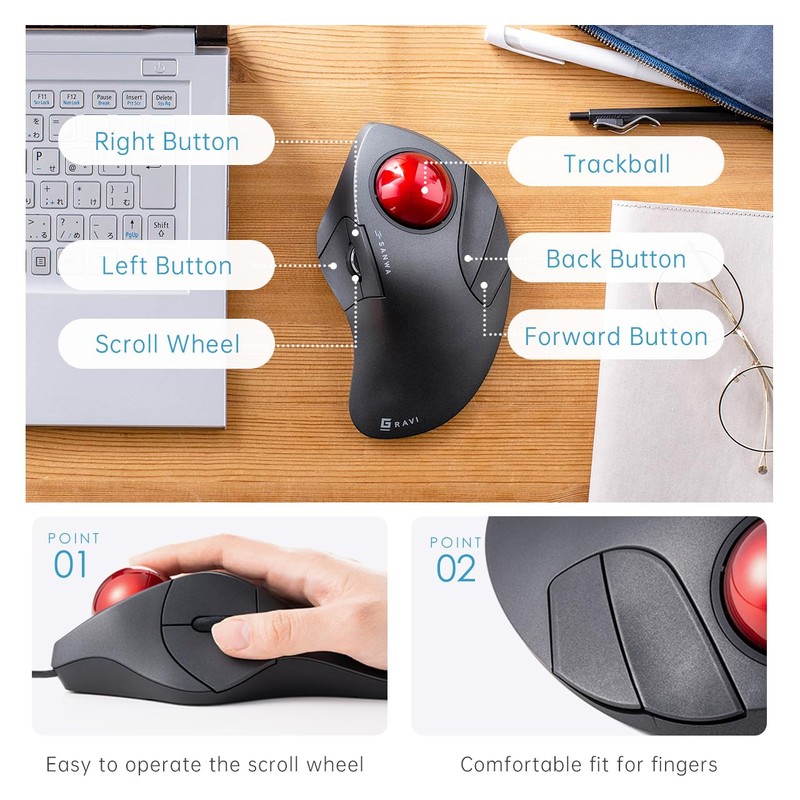 SANWA Wired Ergonomic Trackball Mouse, Optical Rollerball Mice, Programmable Silent