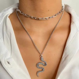 Carufin Snake Necklace Retro Silver Snake Pendant Choker Necklace Chain Adjustable Jewelry for Women and Girls (2 Layer Necklace)