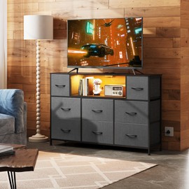 WLIVE Grey TV Stand for 45, 50, 55 inch TV, Entertainment Center with LED Lights & Charging Station, TV Media Console Table with 8 Fabric Drawers and Open Storage Shelves for Living Room, Hallway