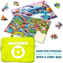 Wooden Puzzles for Kids Ages 4-6 – 4 x 60 Piece Kids Puzzles Ages 4-8-10 Year Olds by QUOKKA - Jigsaw Learning Game with Animals Dinosaurs City for 3-5 yo Wood Toys for Boys and Girls