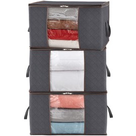 Lifewit Storage Bags, Pack of 3, 90 L, with Lid, Large Clothes Storage, Moving Boxes, Foldable Storage Boxes for Duvets, Blankets, Clothes, Underbed, Wardrobe, Grey