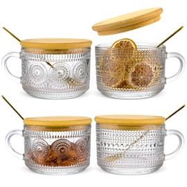 PFUM 4pcs 14oz Glass Vintage Coffee Mugs Set, Glass Iced Coffee Cups with Lids and Spoons, Clear Embossed Aesthetic Mugs Cute Drinking Glasses for Latte, Cappuccino, Oat