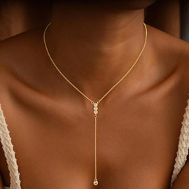 Eaciy Lariat Gold Necklace for Women, Dainty Long Necklace 14k Gold Plated Y-Shaped Necklace Trendy Layered Bar Paperclip Link Beaded Chain Necklaces Simple Gold Jewelry for Women Gift, Brass, No