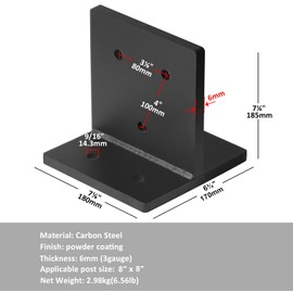 YIDU69Q 2 Pcs 8x8 Black Concealed Post Base, Heavy Duty Knife Plate Bracket, 3 Gauge Adjustable Post and Beam Connector Bracket