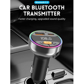 Bluetooth 5.3 FM Transmitter for Car, Wireless Metal Fast Charging & PD30W Type-C, Auto Answer, Navigation Announcement, USB Playback, 7-Color Ambient Light (for Older Cars/Trucks/RVs)