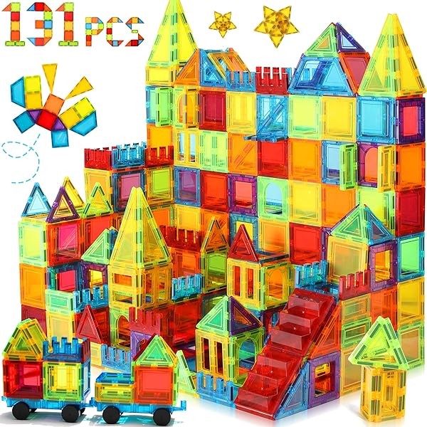 Magnetic Tiles, 131PCS Magnetic Blocks with 2 Cars, Learning Magnetic