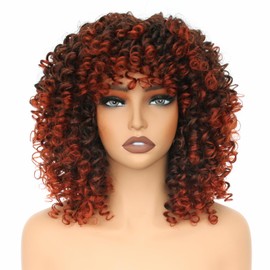 PORSMEER Pelucas Afro Rizadas De 35 Cm Para Mujer, Cortas, Sueltas Y Rizadas Con Flequillo Para Mujeres Negras, Cabello Sintético Afro Rizado De Los Años 70 (De Negro A Cobre)