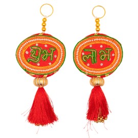 Subh Labh Cloth Hanging Indian Traditional Home Office Temple Festival Décor Decoration & Gifting Size- 7.5 inches (Red Circle)