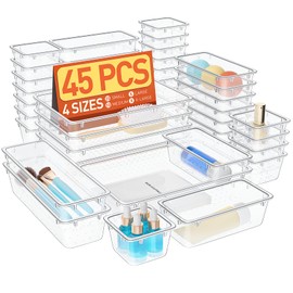 SpaceTrove Drawer Organizers of 45 PCS Plastic Drawer Organizer Bins, 4 Sizes(3*3",6*3",9*3" 9*6") Bathroom Kitchen Office Organizers and Storage Containers for Makeup, utensils, stationery (White)