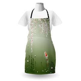 Lunarable Koi Fish Apron, Japanese Koi Fish Painting Style Hanging Cherry Flowers Floating Leaves, Unisex Kitchen Bib with Adjustable Neck for Cooking Gardening, Adult Size, Orange White